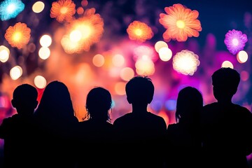 Fototapeta premium Silhouetted Children Watching Colorful Fireworks Display Against a Night Sky with Abstract Bokeh Lights Creating a Magical Atmosphere and Celebration Vibes