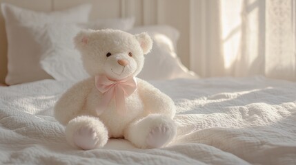 White teddy bear with pastel ribbons sitting on a white quilt generative ai