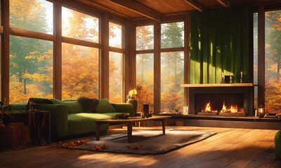 interior of a warm house with fireplace