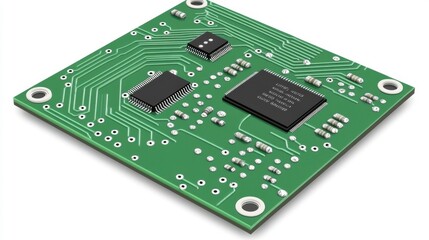 Circuit board with electronic components and connections.