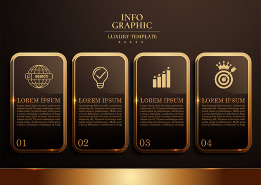 Luxury black gold 4 step infographic flowchart template, vertical rectangular design for organizational reports and business presentations, elegant vector illustration, Not AI-Generated.