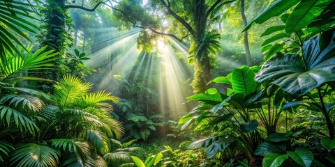 Obraz premium Sunlight filters through the dense canopy of a lush, tropical rainforest, casting a radiant glow on the vibrant foliage and revealing a hidden world of wonder