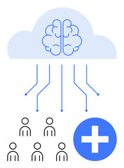 Cloud containing brain icon connected to people icons and a health symbol. Ideal for healthcare, technology, cloud computing, connectivity, community, artificial intelligence, and wellbeing concepts