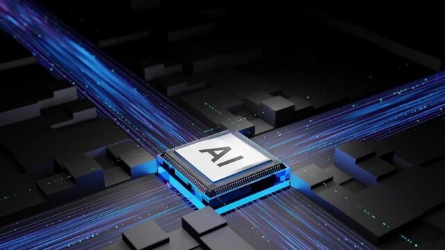 A video of an AI processing chip integrated into a high-tech circuit board. The chip glows with blue neon lines that indicate data transfer, surrounded by a modern, black, technological environment.