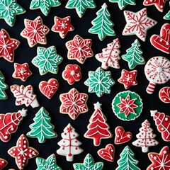 Festive holiday cookies in red and green icing featuring christmas trees and snowflakes