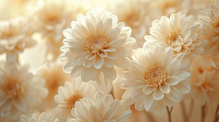 Soft, white chrysanthemums bathed in warm sunlight, creating a delicate and elegant floral arrangement.