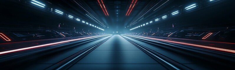 A futuristic tunnel illuminated by vibrant lights, creating a sense of depth and motion toward a bright horizon.
