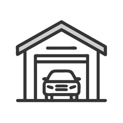Garage icon with car outline design, Vector line illustration of a garage with a car inside, depicted in a simple black outline style representing parking and vehicle storage.
