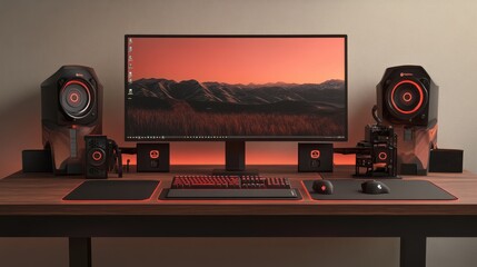 A sleek gaming setup featuring a large monitor, RGB lighting, gaming peripherals, and a stylish wooden desk, creating a modern and immersive workspace.