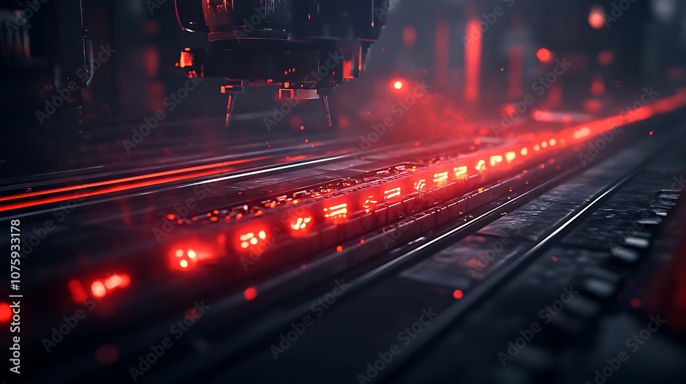 Fototapete a close-up of a futuristic scene with red lights glowing along a metallic surface, creating a visual