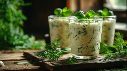 Three glasses of creamy, pale green soup garnished with fresh basil and dill on a rustic wooden table.