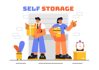 Vector Illustration of a Self Storage Unit with Cardboard Boxes Filled with Unused Items in a Mini Warehouse or Rental Garage with a Background