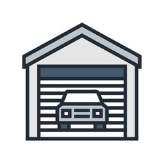 Garage icon with car inside illustration, Vector illustration of a garage with an open door and a car parked inside, representing home storage and vehicle protection.
