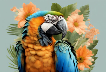 Fototapeta premium flowers jungle green detailed eye design hot vibrant colourful blue orange exotic trendy portrait clothing foliage bird lush upclose wildlife avian fashion beak nature 