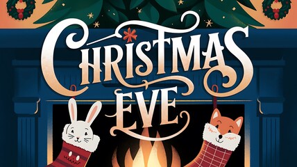 Christmas Eve Fireplace with Bunny and Fox in Stockings