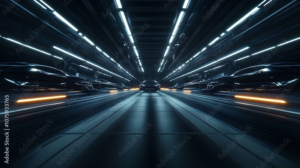 Aufkleber a futuristic view of cars in a brightly lit tunnel, showcasing dynamic lighting effects and movement