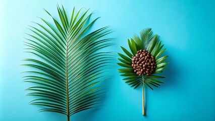 Tropical Foliage Arrangement with a Cluster of Brown Seeds on a Vibrant Blue Background