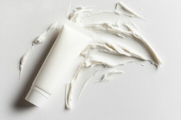 A white cream tube is placed on a white background.
