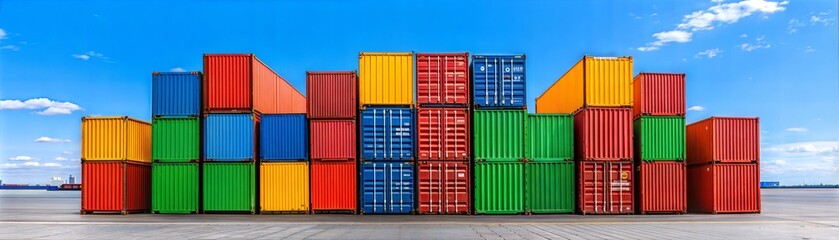 Fototapeta premium Colorful shipping containers stacked under a clear blue sky at a busy port.
