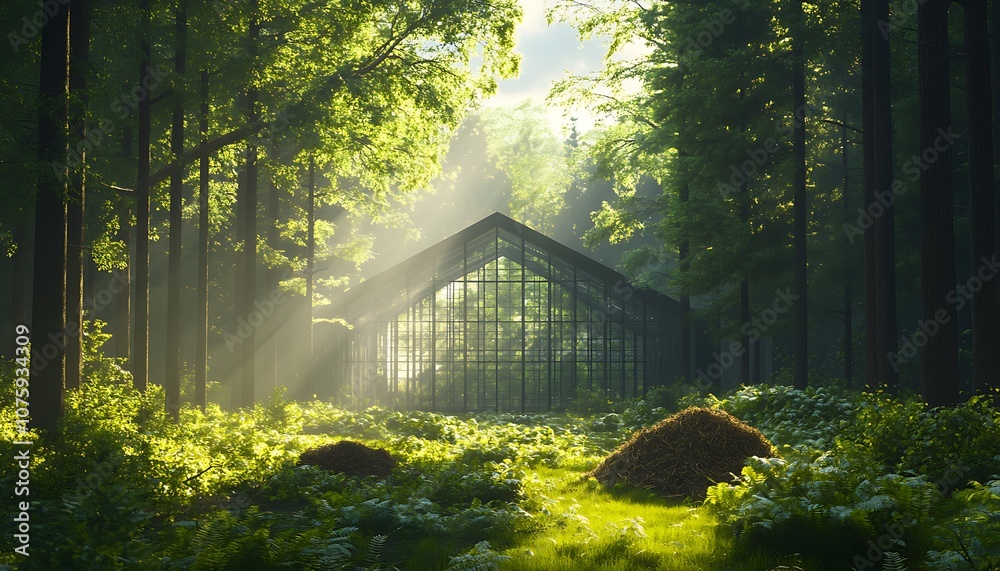 Aufkleber a serene forest scene featuring a greenhouse surrounded by lush greenery and beams of sunlight filte