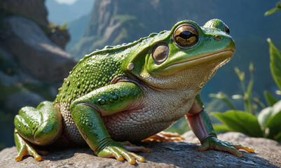 A frog is sitting on a rock in a forest