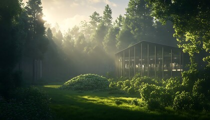 Naklejka premium A serene forest scene with a greenhouse surrounded by lush greenery and dappled sunlight breaking through the trees.