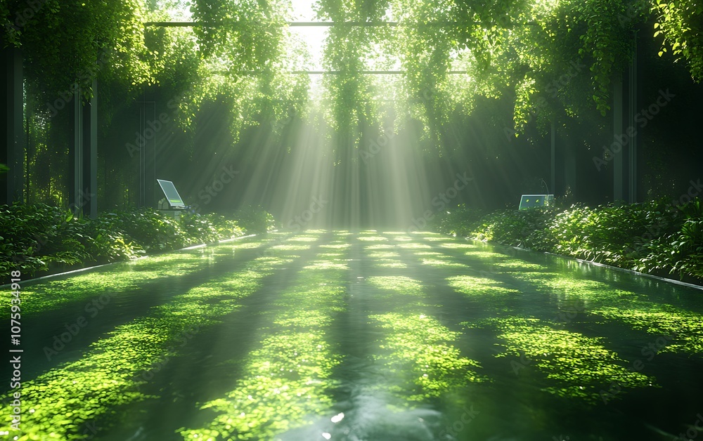 Aufkleber a serene, sunlit pathway surrounded by lush greenery, featuring rays of light filtering through hang