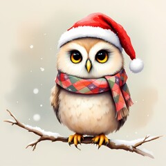 Fototapeta premium watercolor owl wearing red hat and scarf perched on branch