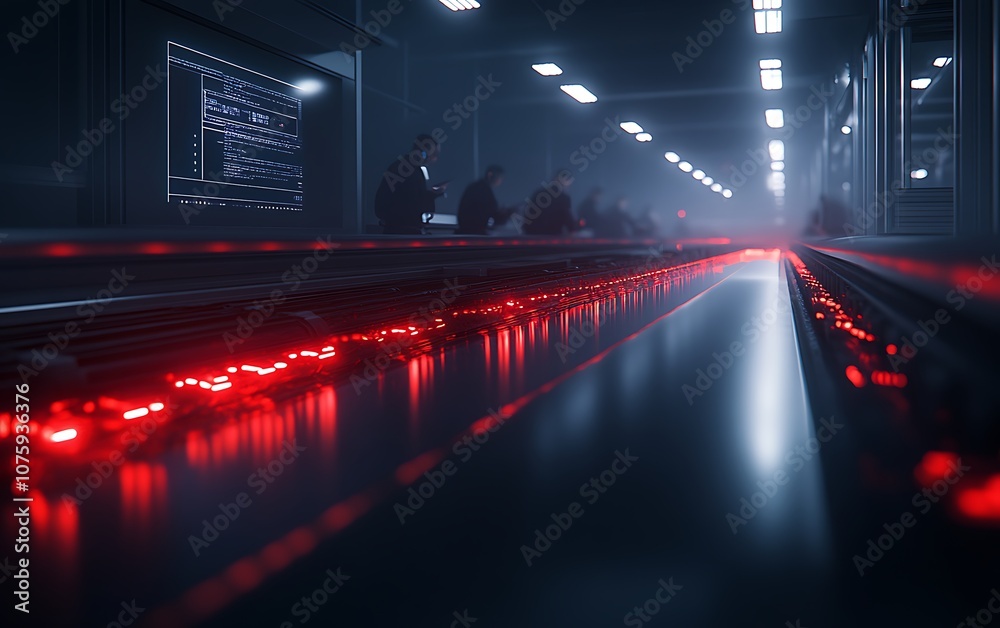 Poster a futuristic scene with glowing red lights reflecting on a sleek surface, surrounded by mist and sha