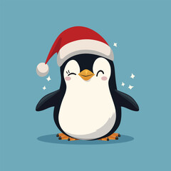 Playful penguin wearing santa hat
