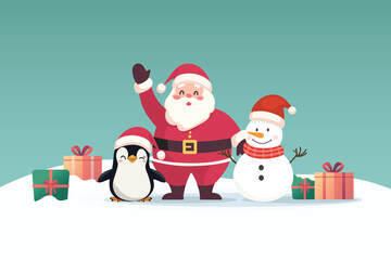 Santa claus with snowman and penguin