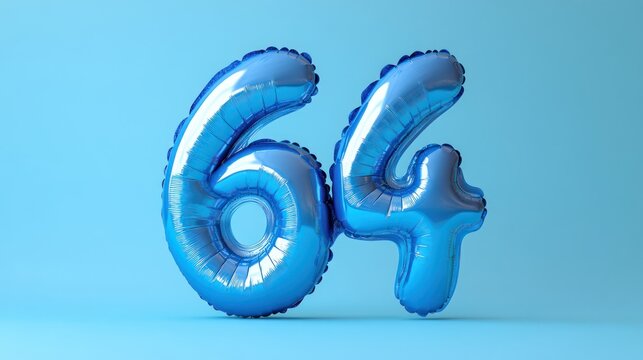 Blue balloon number sixty-four against a light blue background.
