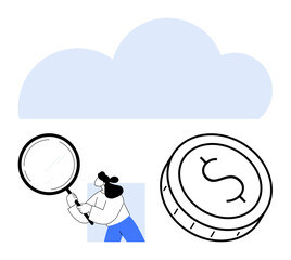 Woman holding magnifying glass examining cloud above dollar coin. Ideal for finance, technology, cloud computing, data analysis, business, economy, research themes. Line metaphor