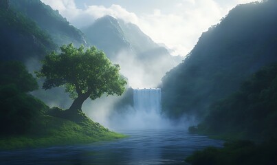 Fototapeta premium A serene landscape featuring a waterfall surrounded by lush greenery and misty mountains, creating a tranquil and enchanting atmosphere.