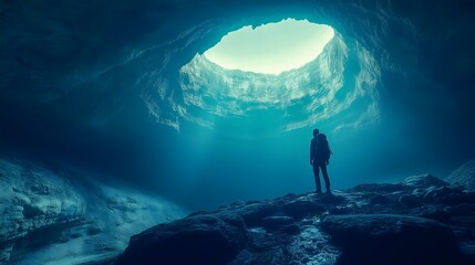 Fototapeta premium silhouette of a lone explorer standing inside a dark, rocky cave