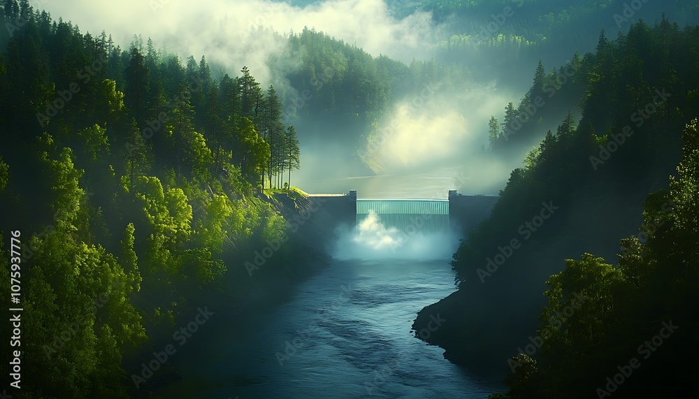 Poster a serene landscape featuring a winding river, surrounded by lush trees and misty hills, creating a t