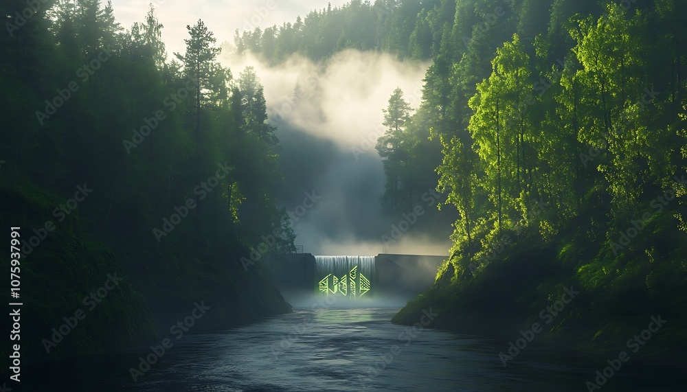 Poster a serene river flows through lush greenery and misty forests, creating a tranquil landscape at dawn.