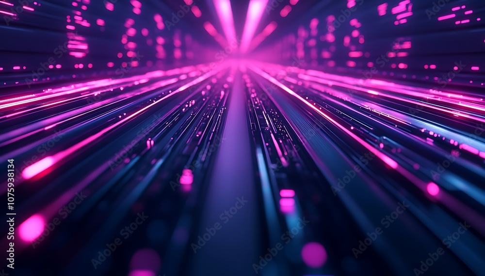Poster a vibrant digital landscape with lines of light converging towards a central point, showcasing a fut