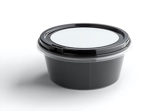 black round disposable container with white circular label mockup, isolated, 3d rendering. Empty lunch box mockup