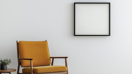 A cozy chair in a minimalistic setting, with a blank empty frame on a wall, creating a serene and inviting atmosphere.