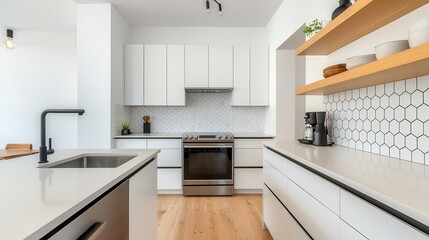 Fototapeta premium A modern kitchen featuring sleek white cabinetry, a stainless steel stove, open shelving, and a minimalist design with wooden accents.