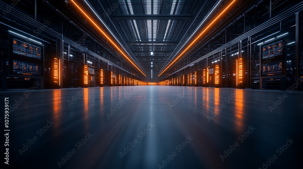 Fototapete a modern data center with rows of servers, illuminated by orange lights, showcasing advanced technol