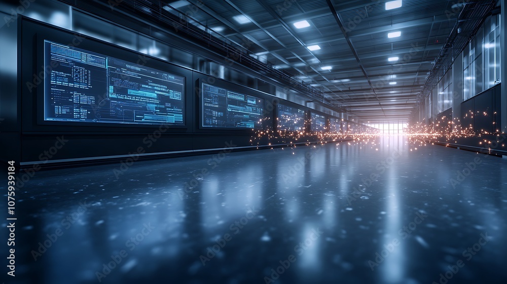 Poster A futuristic data center with glowing screens and a reflective floor, showcasing advanced technology and an atmosphere of innovation.