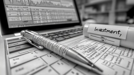 A pen, laptop, and a piece of paper with the word "Investment" written on it.