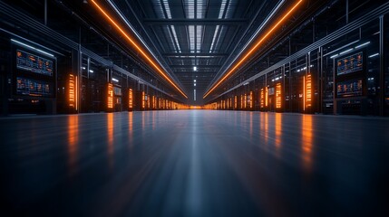 A modern data center with rows of servers, illuminated by orange lights, showcasing advanced technology and a sleek, futuristic design.
