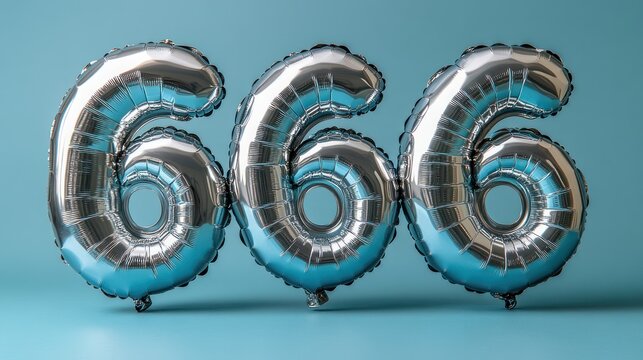 Three silver balloons forming the number 666 on a blue background.
