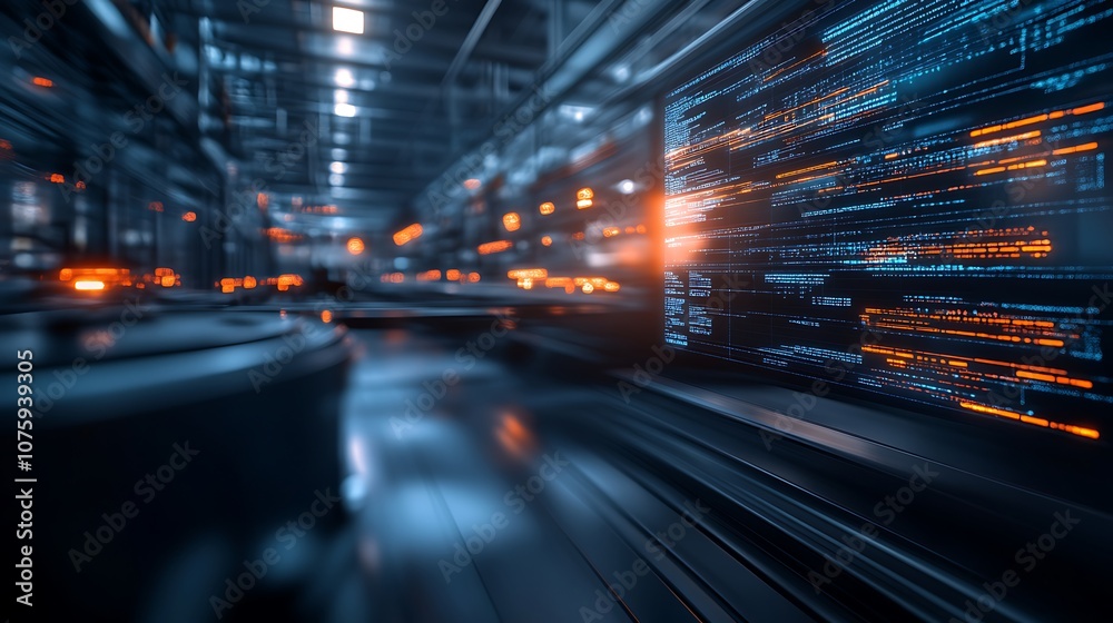 Poster A futuristic data center with illuminated servers and vibrant data streams, showcasing advanced technology in a sleek, digital environment.