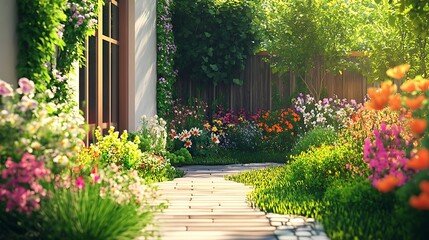 Obraz premium A vibrant garden path surrounded by colorful flowers and lush greenery, inviting tranquility and beauty.