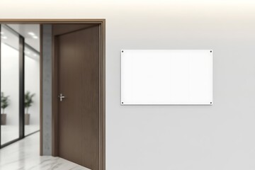 Name plate design mockup handing on door, 3d render. Door sign mock up template on entry in cabinet. Office hall interior with nameplate on door