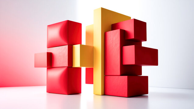Abstract 3D red and yellow geometric shapes on white background, Modern 3D shapes on white background, Abstract colorful 3D cubes on white background